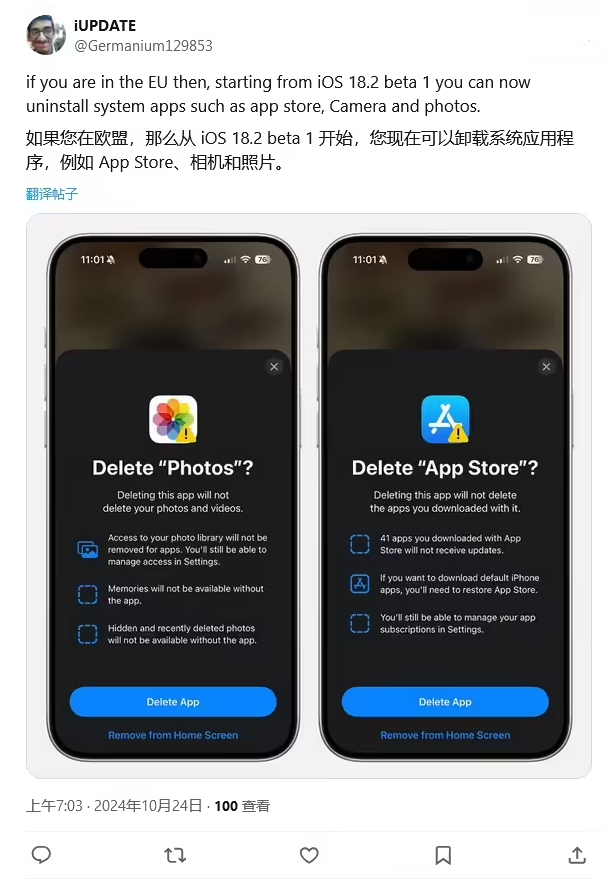 阿拉善苹果手机维修分享iOS 18.2 支持删除 App Store 应用商店 