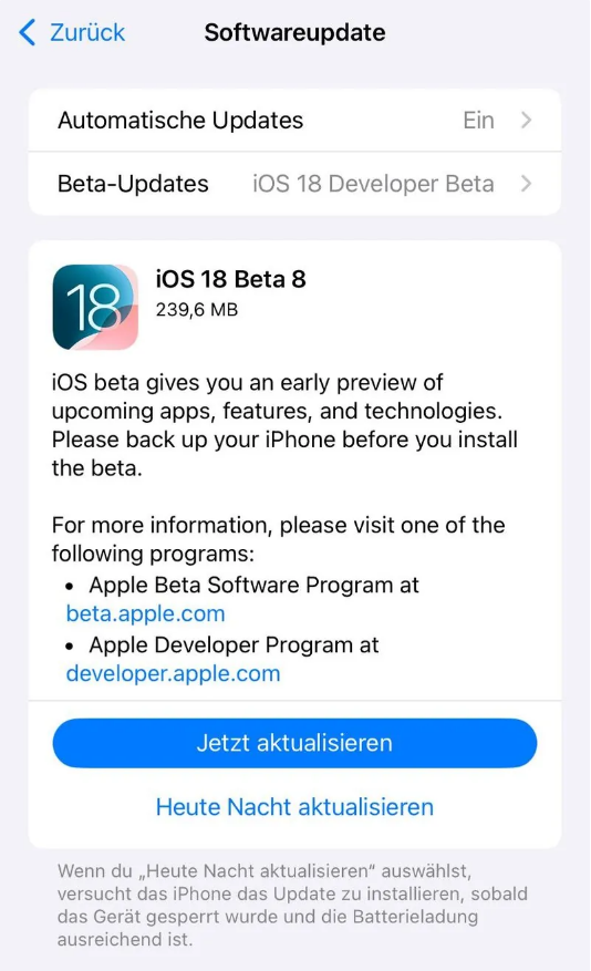 阿拉善苹果手机维修分享苹果 iOS / iPadOS 18 开发者预览版 Beta 8 发布 